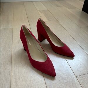 Red velvet block heels